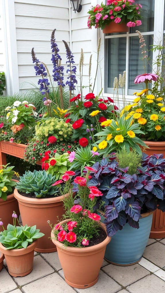 Colorful array of flowers and plants in various pots, creating a vibrant container garden.