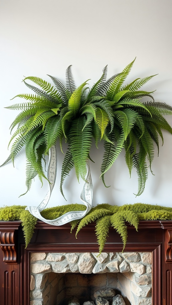 A mantle decorated with lush ferns and moss, creating a vibrant spring display.