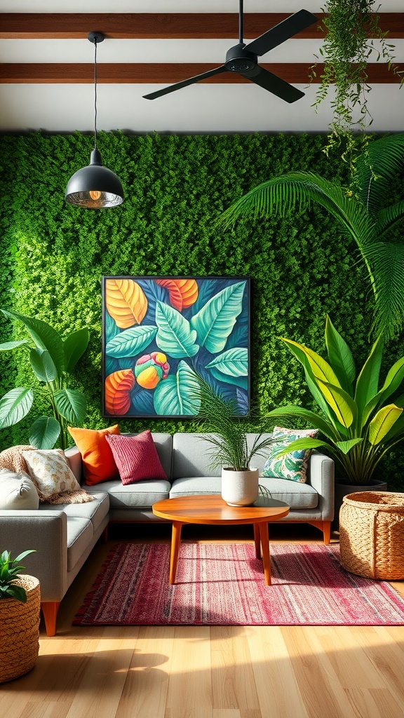 Living room with a lush green accent wall, tropical plants, and bright cushions