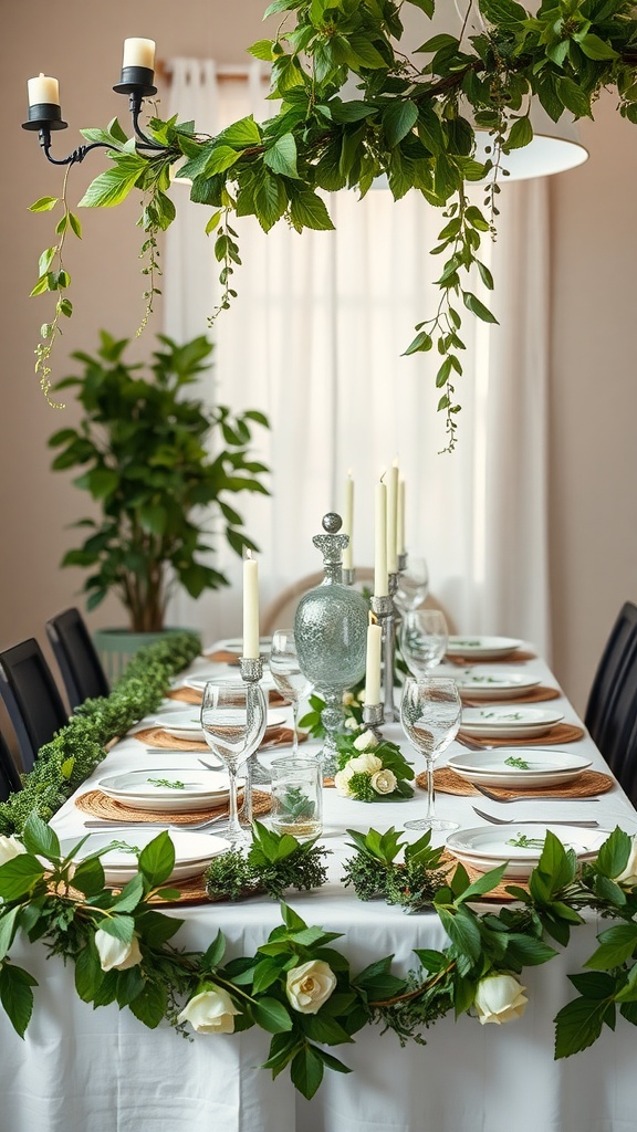 A beautifully decorated spring dinner table featuring lush greenery accents, white roses, and candles.