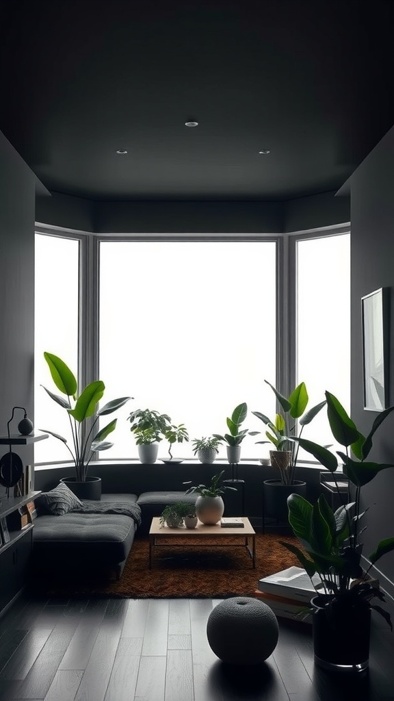 A stylish sunken living room with black walls and ceiling, adorned with lush green plants and modern furniture.