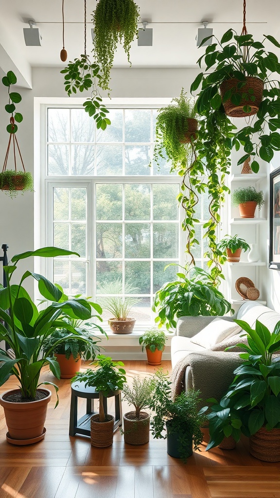 Bright living room filled with various indoor plants by a large window.