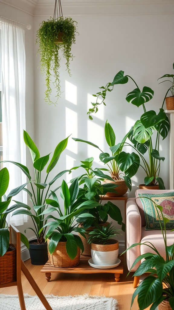 A cozy living room filled with lush indoor plants, featuring a mix of large leafy greens and hanging plants, with sunlight streaming in.