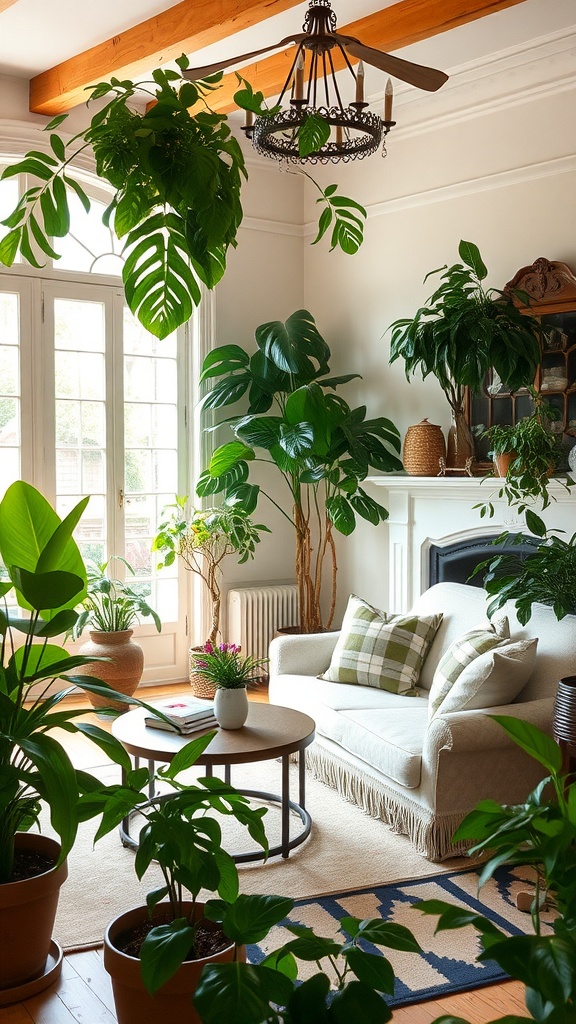 A cozy French country living room filled with various indoor plants, showcasing a mix of greenery and soft furniture.