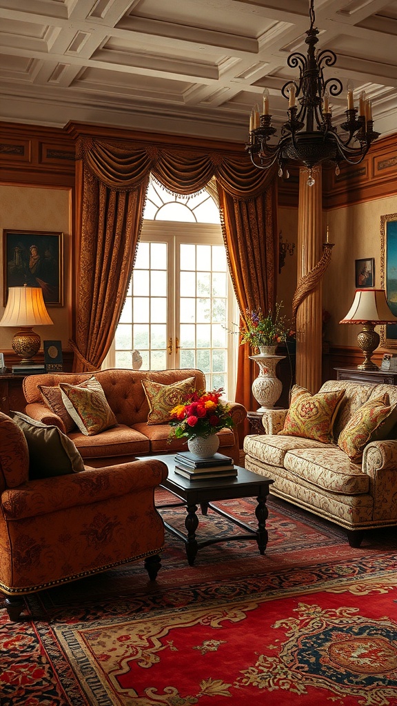 A vintage living room featuring lush textured fabrics with orange and cream sofas, elegant curtains, and a warm atmosphere.