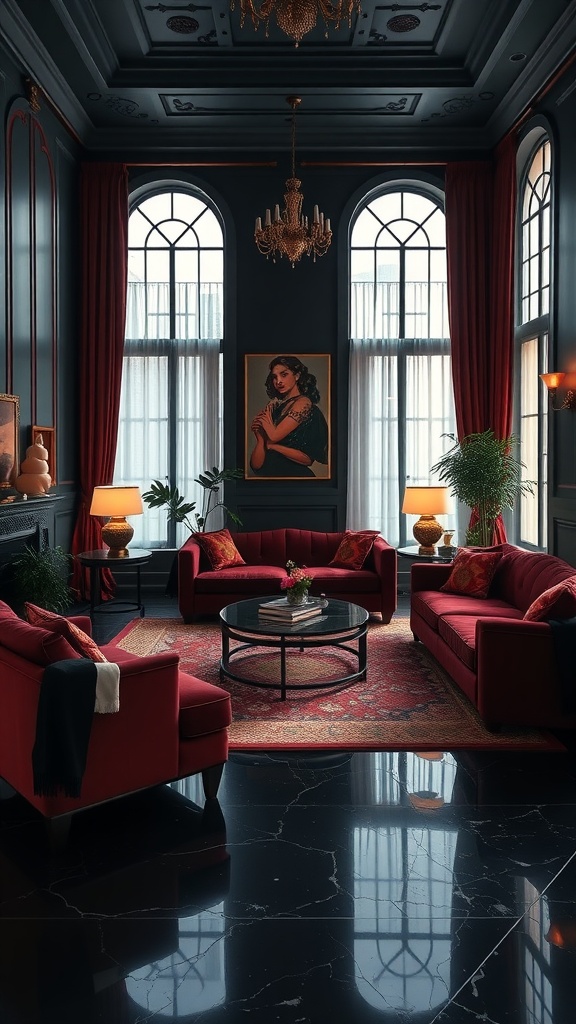 A luxurious living room featuring plush red velvet sofas, a round coffee table, and elegant decor against a backdrop of dark walls and floors.