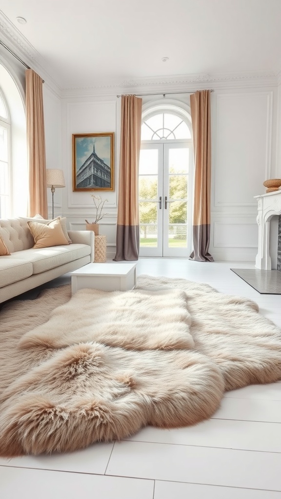 A stylish living room featuring beige fur rugs on white floors, with a light sofa and elegant curtains.