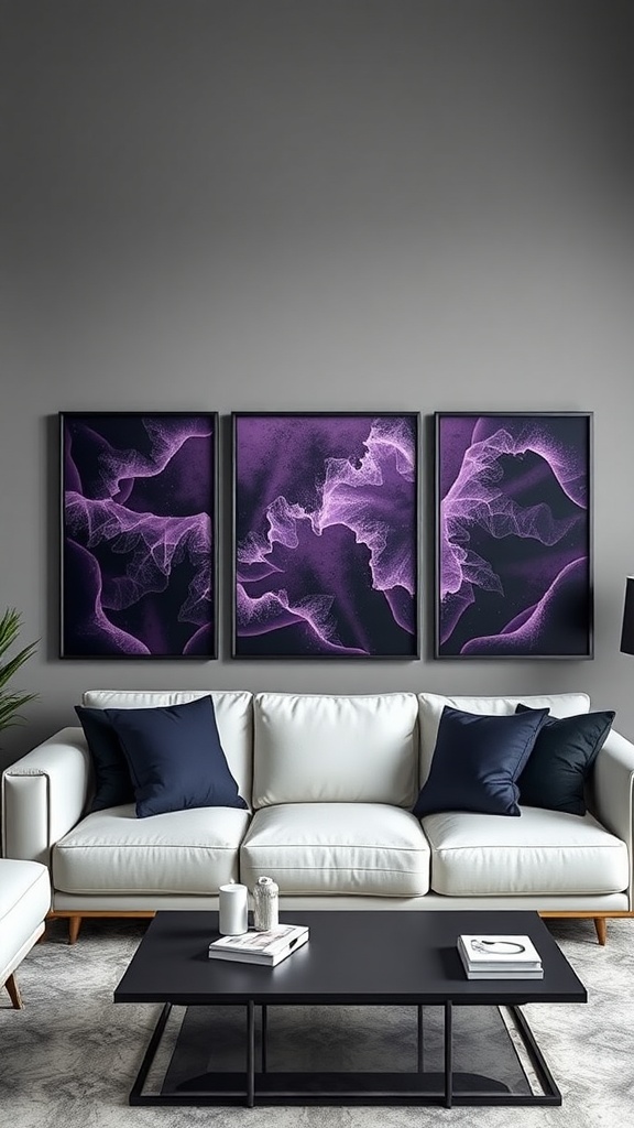 Three pieces of wall art in black and purple above a white sofa in a stylish living room