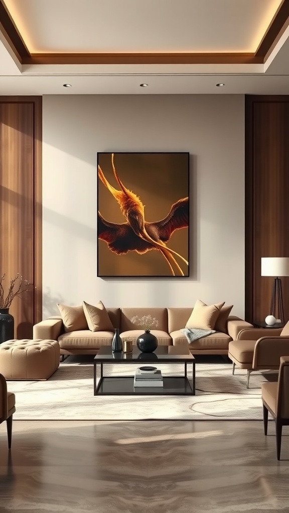 Luxe brown living room featuring a beige sofa, striking wall art, and warm lighting