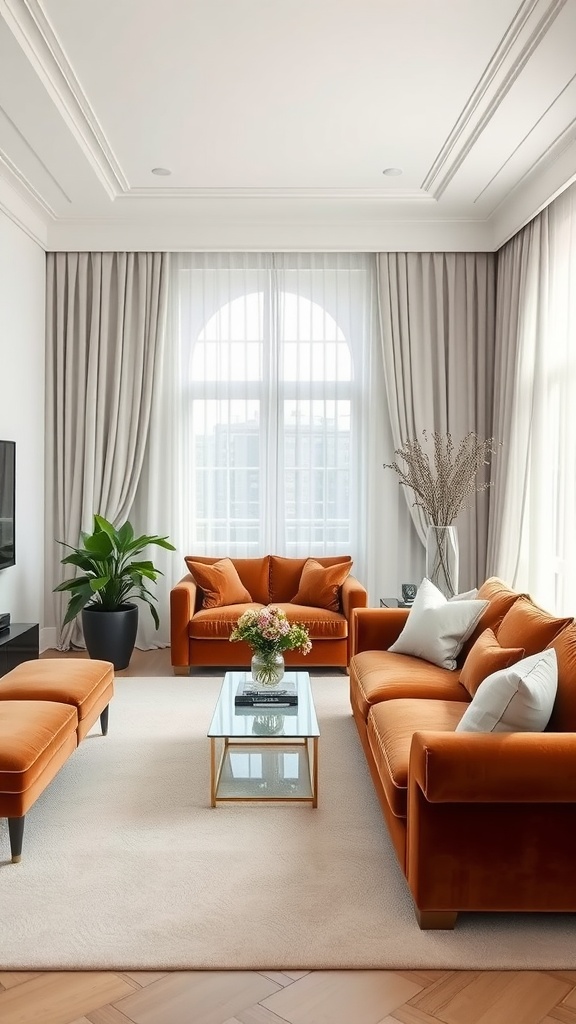 Luxurious living room featuring brown velvet sofas, white linen curtains, and a glass coffee table.