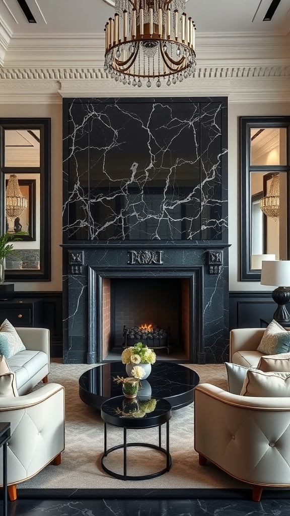 A chic living room featuring a luxurious black marble fireplace, elegant seating, and a round coffee table.