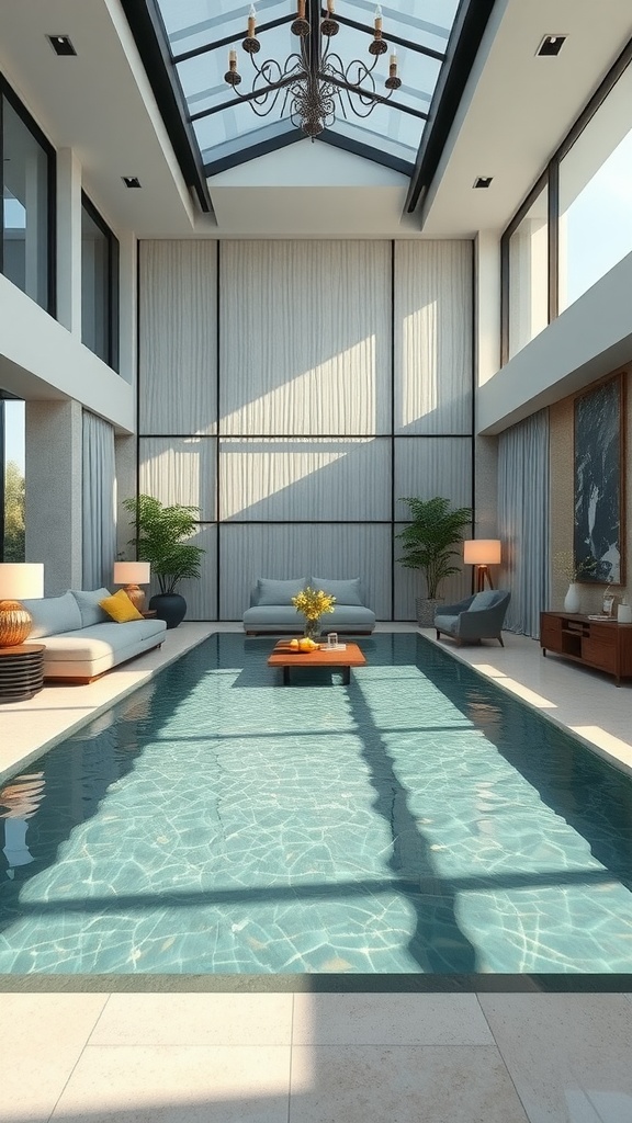 A luxurious sunken living room featuring an indoor water feature, bright sunlight, and modern decor.