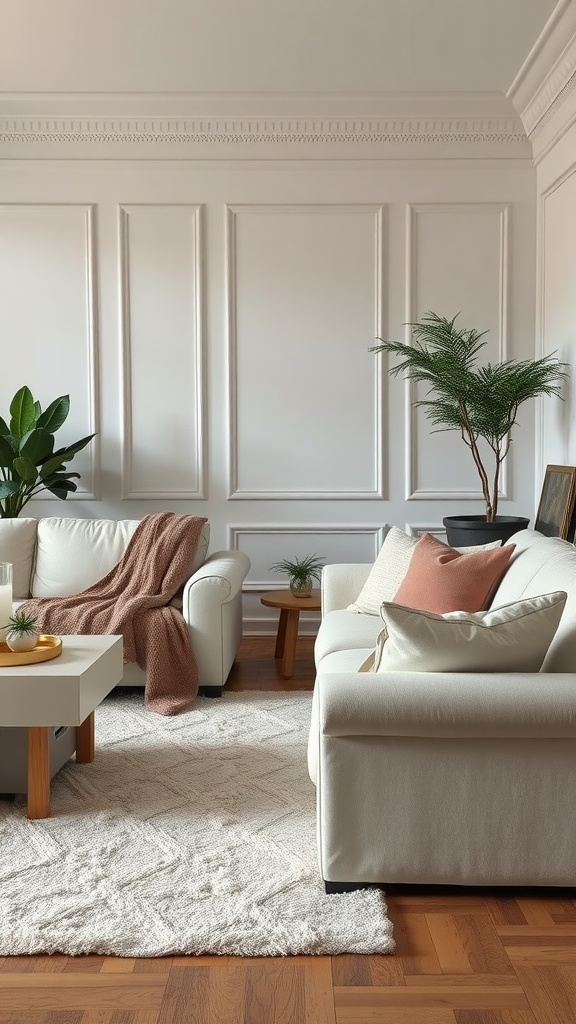 A stylish living room featuring off-white sofas, a cozy throw, and a textured area rug