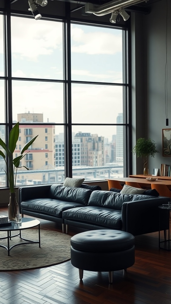 A modern living room featuring a black leather couch, large windows with city views, and stylish decor.