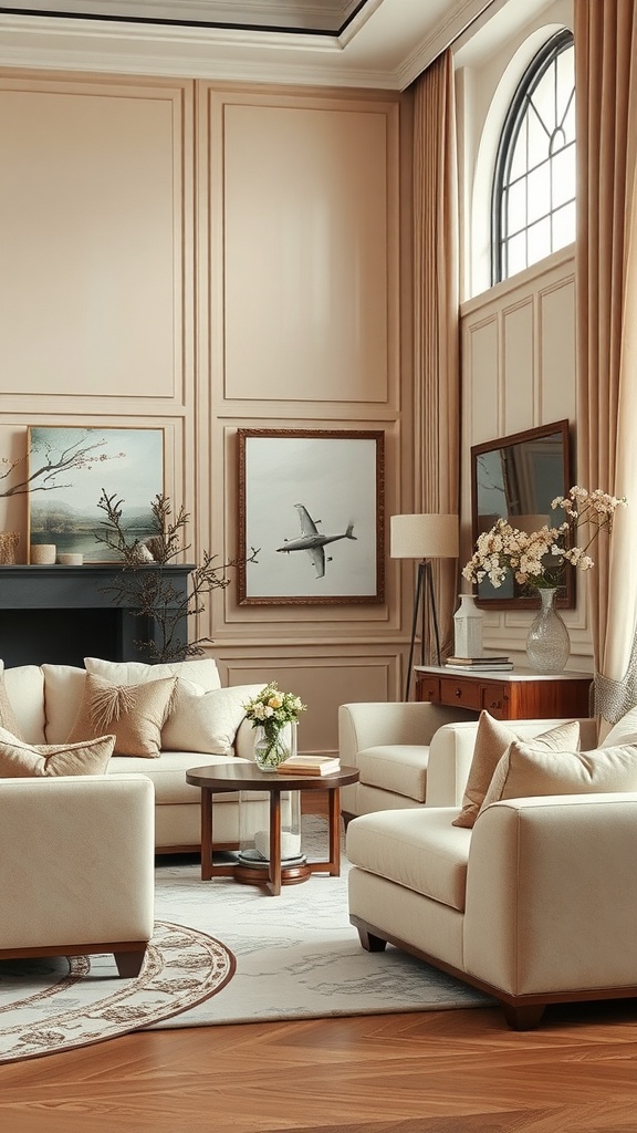 A luxurious beige living room featuring plush fabrics, elegant furniture, and warm wooden accents.