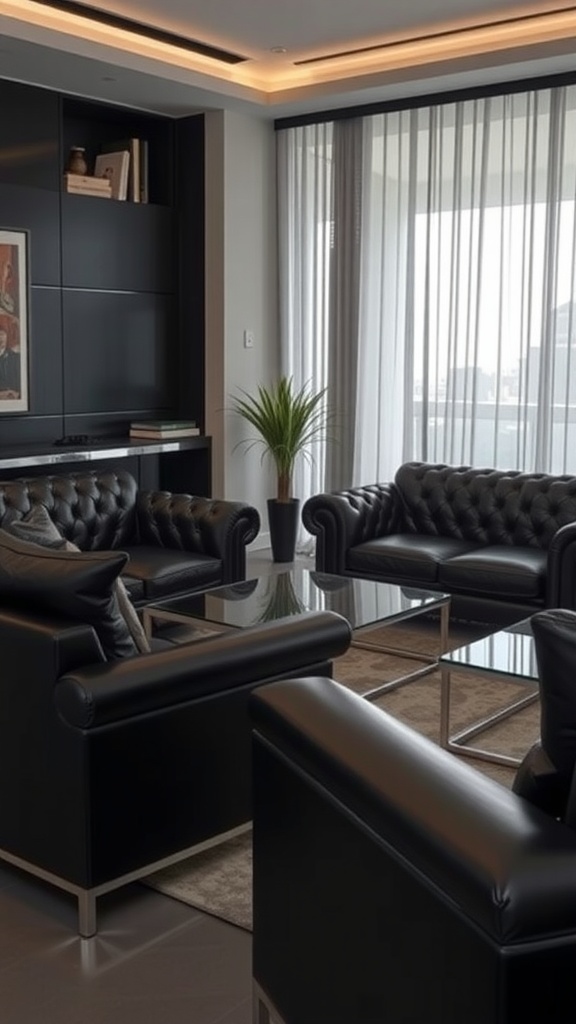 A luxurious black leather living room featuring tufted sofas, a glass coffee table, and a potted plant.