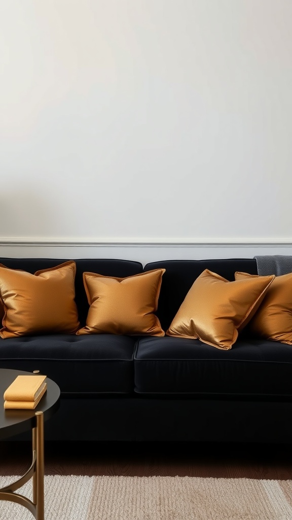 Luxurious black velvet sofa with gold cushions and a small coffee table