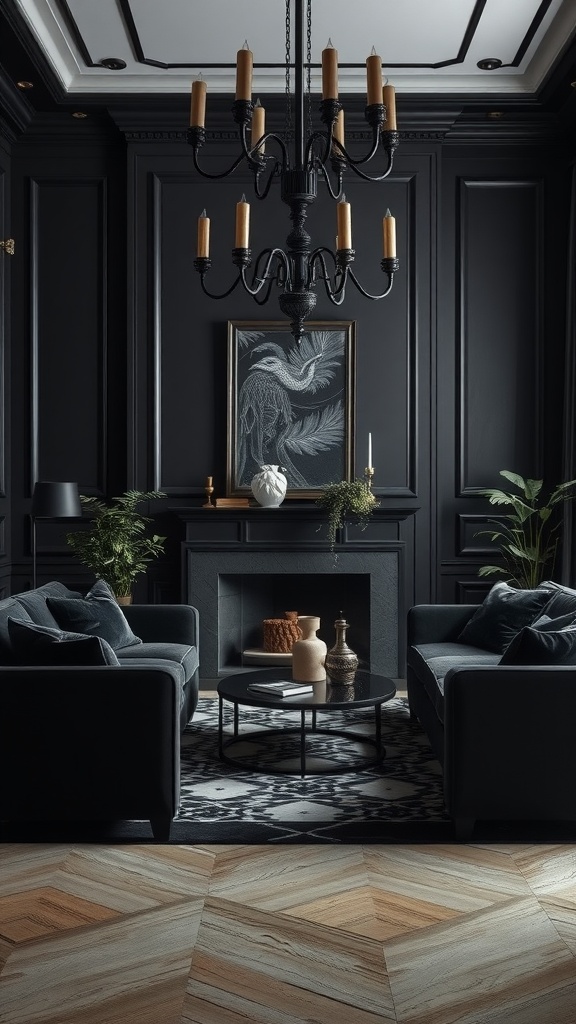 A stylish living room featuring black velvet sofas, a chandelier, and decorative accents against dark walls.