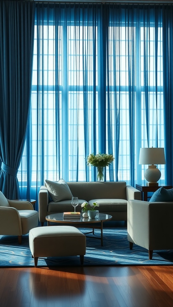 A living room with blue curtains, elegant furniture, and a warm ambiance.