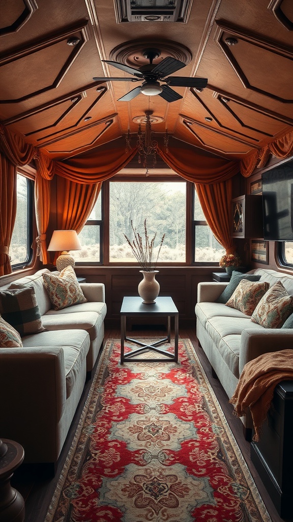 Luxurious living room in a trailer house with plush textiles, warm colors, and decorative elements