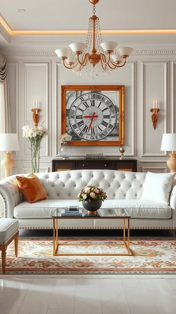 Elegant living room featuring a white couch, golden chandelier, and stylish decor.