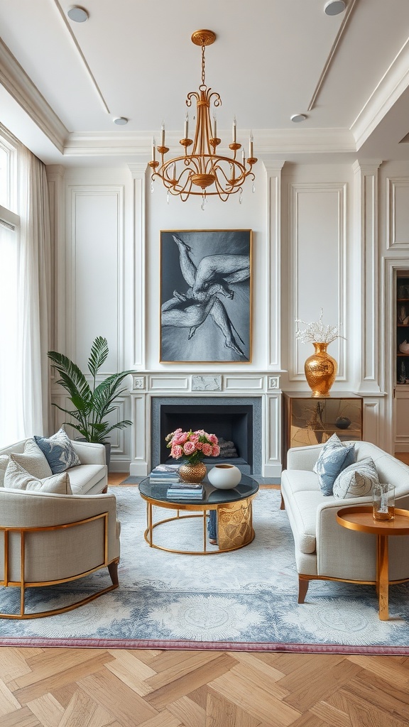 A modern living room featuring gold accents, elegant furniture, and a chandelier.