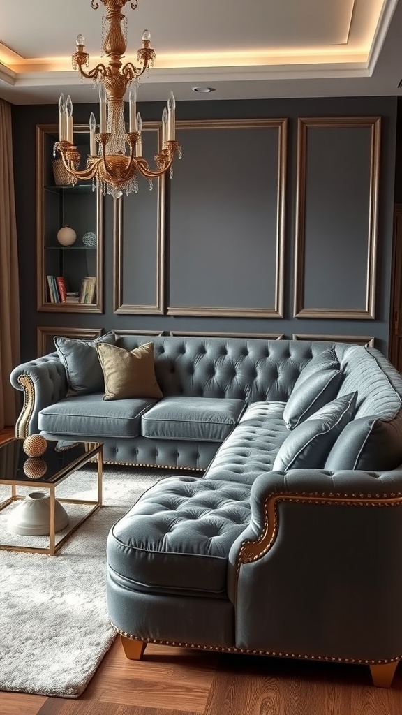 A luxurious grey sectional sofa with gold trim, accent pillows, a gold-trimmed coffee table, and a chandelier in a stylish living room.