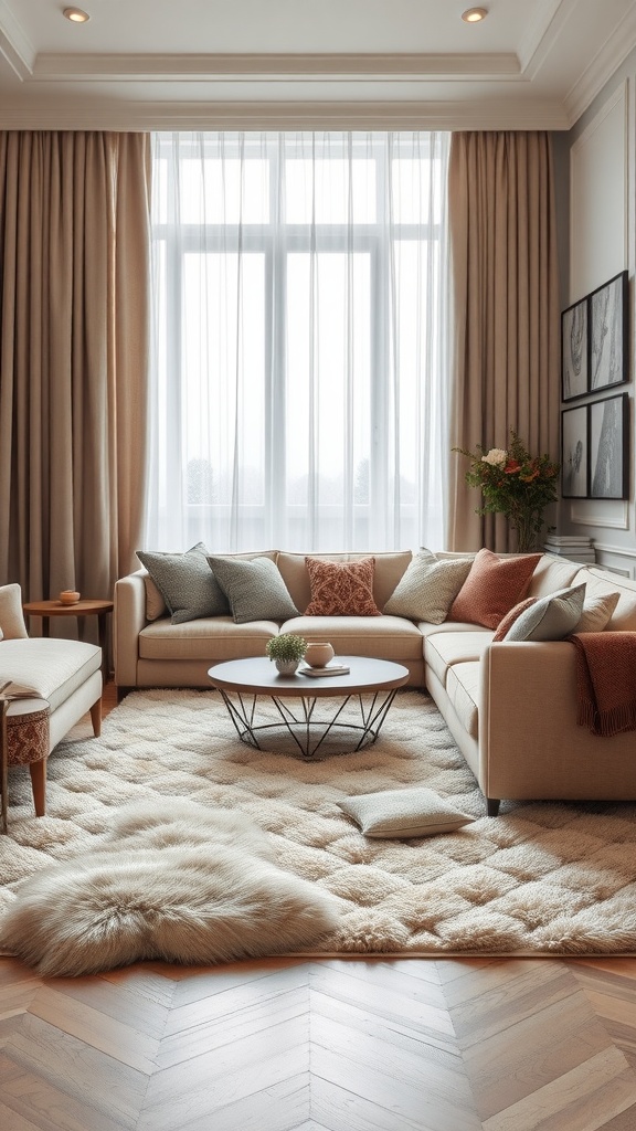 A cozy living room with layered textures, featuring a sectional sofa, plush rug, and large windows with light curtains.