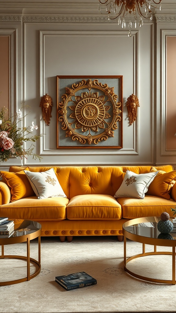 A luxurious living room featuring a mustard yellow sofa with gold accents, decorative pillows, and elegant wall decor.