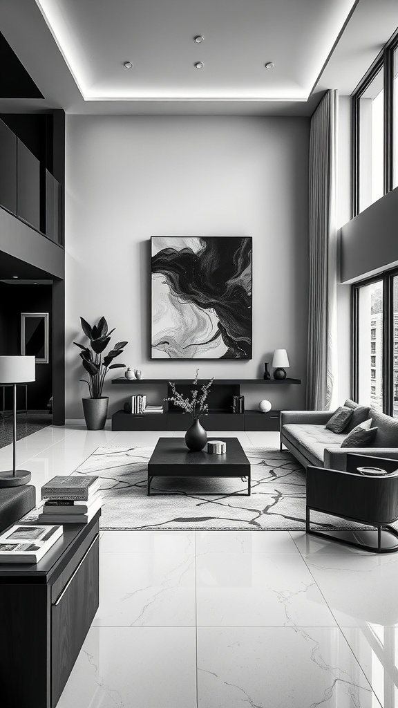 A modern black and white living room featuring sleek furniture, an abstract art piece, and natural light.