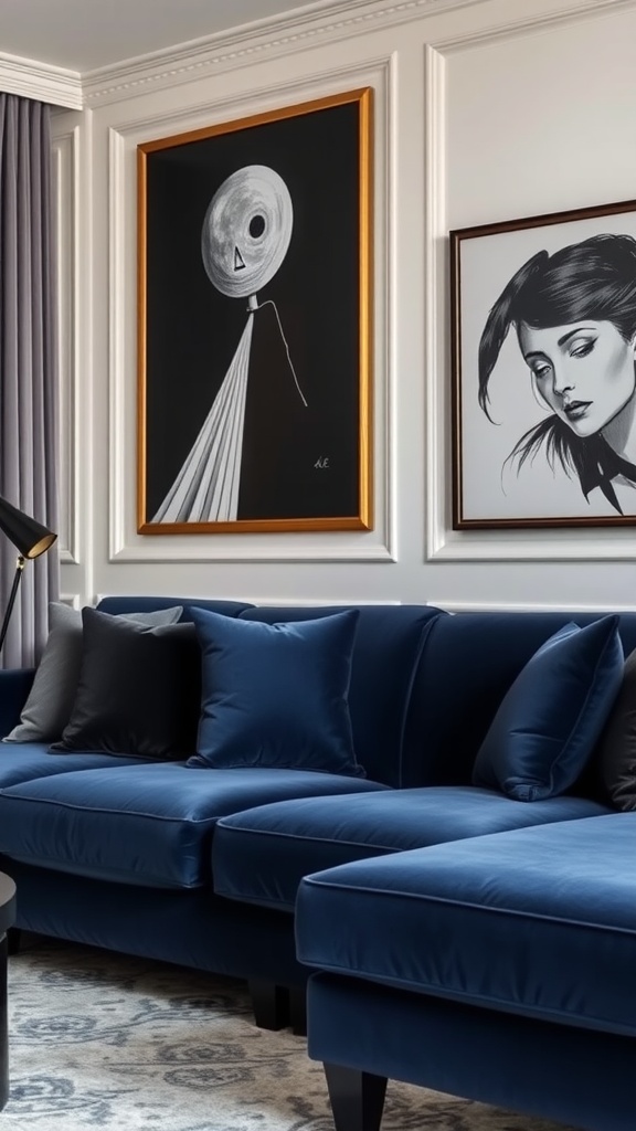 A navy velvet sofa adorned with black accent pillows, complemented by black and white artwork on the walls.