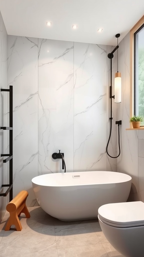 A modern bathroom featuring radiant wall panels, a freestanding tub, and stylish fixtures.