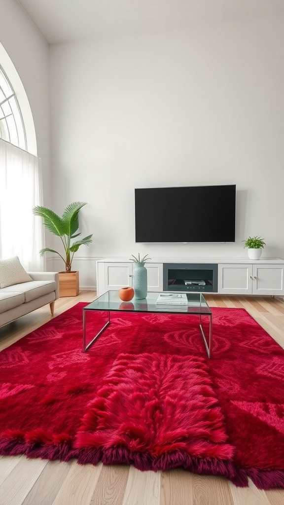 Luxurious red area rug in a modern living room with a glass coffee table and light wood flooring