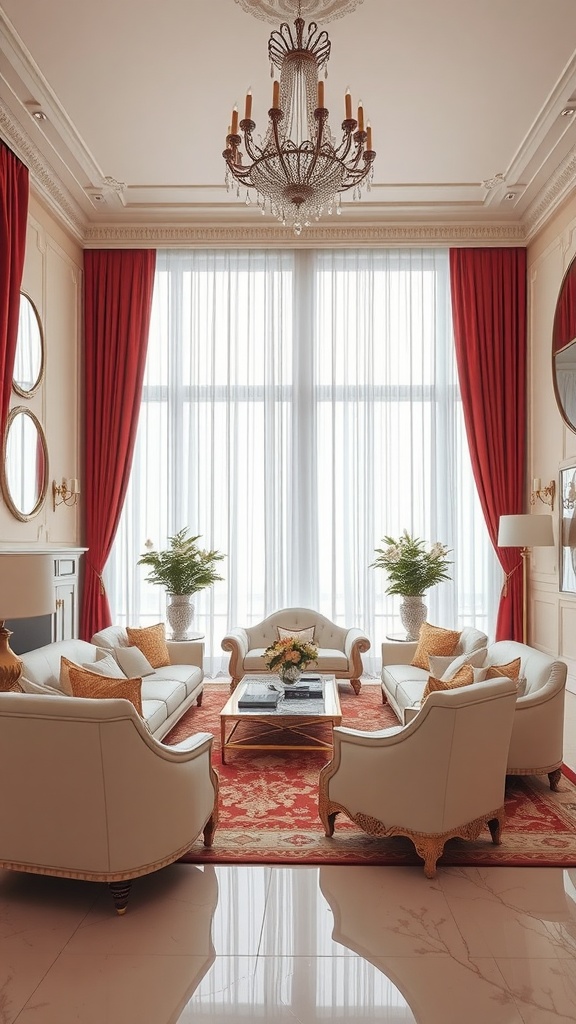 Living room featuring luxurious red drapes, white sofas, and elegant decor