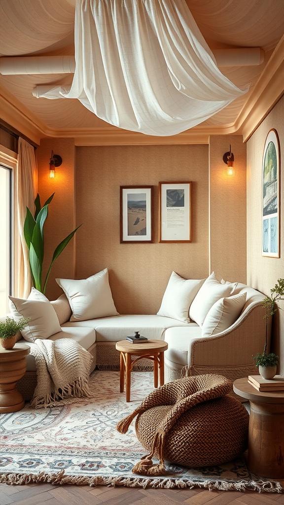 A cozy sunken lounge with plush textiles, including a sectional sofa, braided poufs, and a patterned rug, all illuminated by soft lighting.