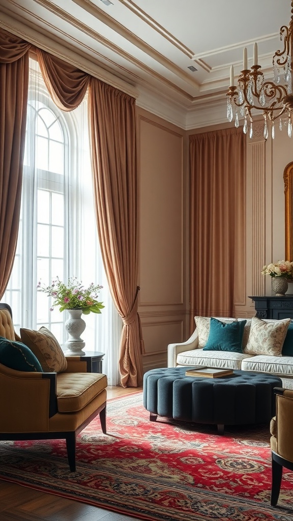 A formal living room featuring elegant fabrics and textiles, with drapes, a plush sofa, and an ornate rug.