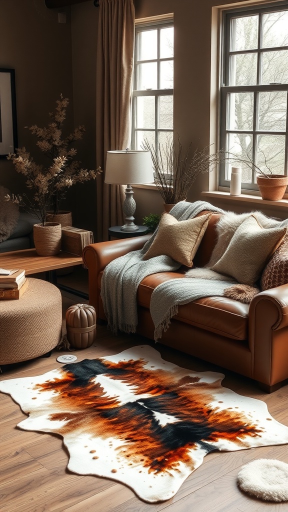 A cozy modern western living room featuring a leather sofa, decorative cushions, and a unique area rug.