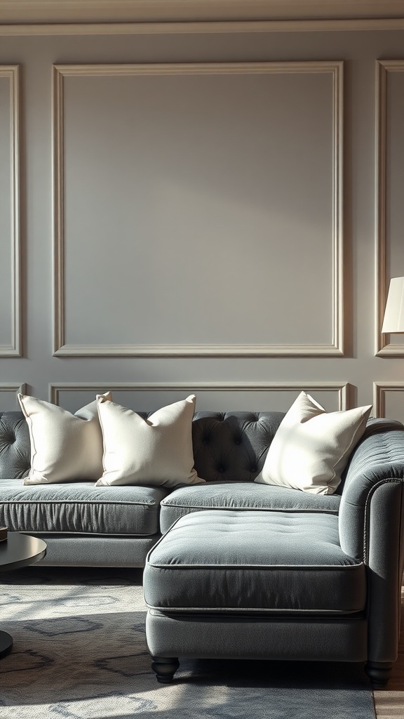 A stylish grey and white living room featuring a tufted grey sofa with white cushions, elegant wall details, and soft lighting.