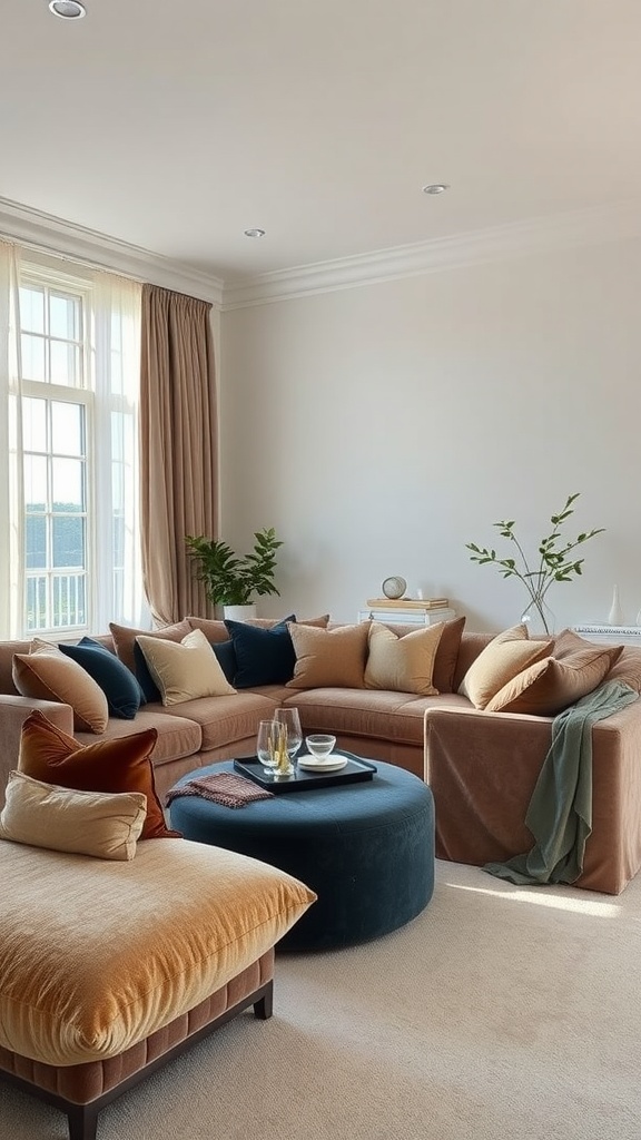 A cozy living room with a sectional sofa adorned with textured cushions in various colors, a round ottoman, and soft lighting.