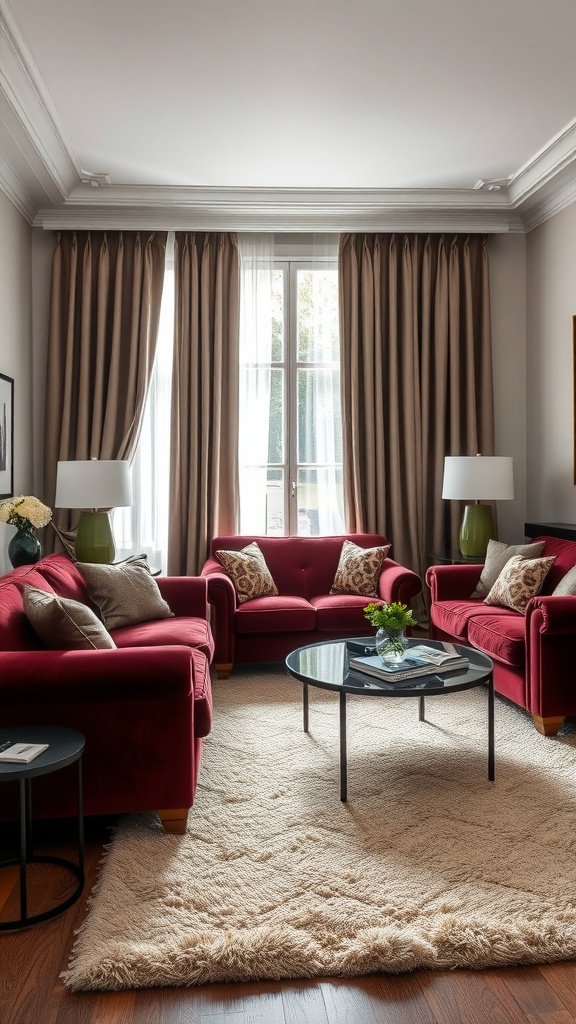 A luxurious living room featuring red velvet sofas, a plush area rug, and elegant curtains.