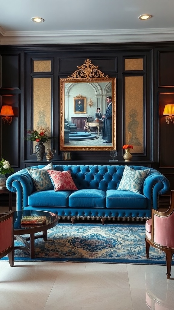 A luxurious living room featuring a blue tufted couch surrounded by elegant decor.