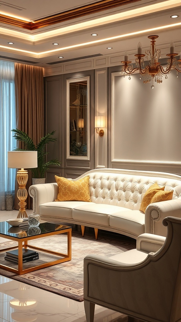 Luxurious living room featuring a white leather sofa, golden accents, elegant lighting, and a touch of greenery.