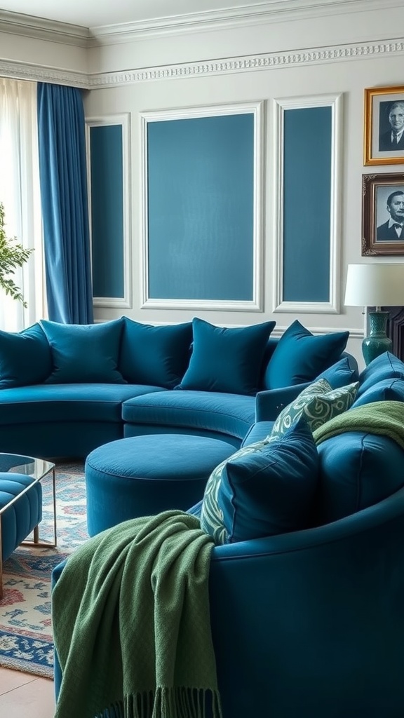 Luxurious living room with blue velvet furniture and green accents