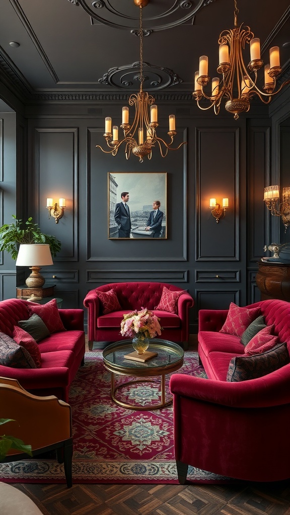 A luxurious living room featuring crimson velvet sofas, dark walls, and elegant gold fixtures.