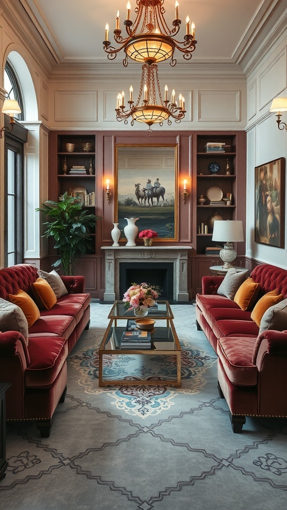 Luxurious living room featuring red velvet sofas, elegant chandelier, and a stylish coffee table.