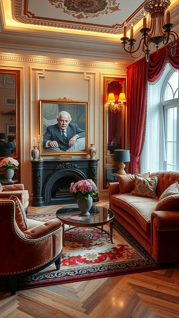 Luxurious living room featuring velvet sofas, elegant decor, and a warm color scheme.