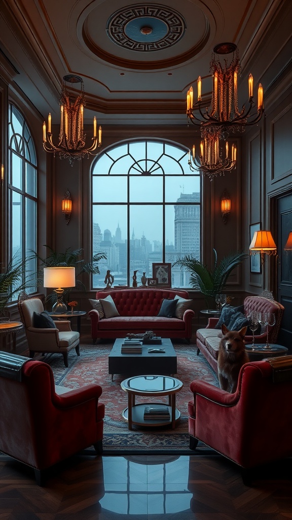 A luxurious sunken living room featuring red velvet sofas, a coffee table, city skyline view, and elegant chandeliers.