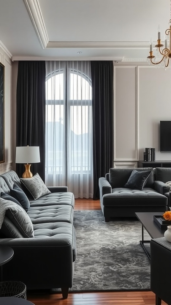 Luxurious living room featuring black and grey velvet sofas, large windows with sheer curtains, and a stylish area rug.