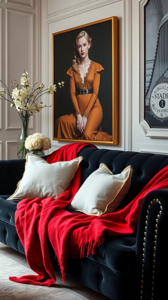 A stylish black velvet sofa adorned with red and white pillows, a throw blanket, and elegant decor in a luxurious living room