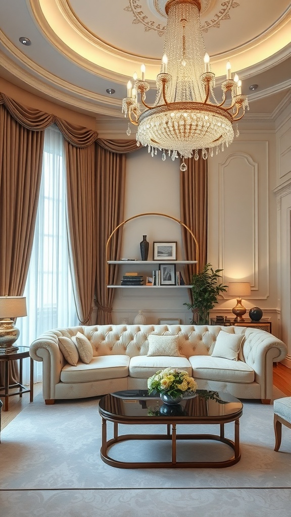 Luxurious living room featuring a cream velvet couch, elegant chandelier, and stylish accessories.